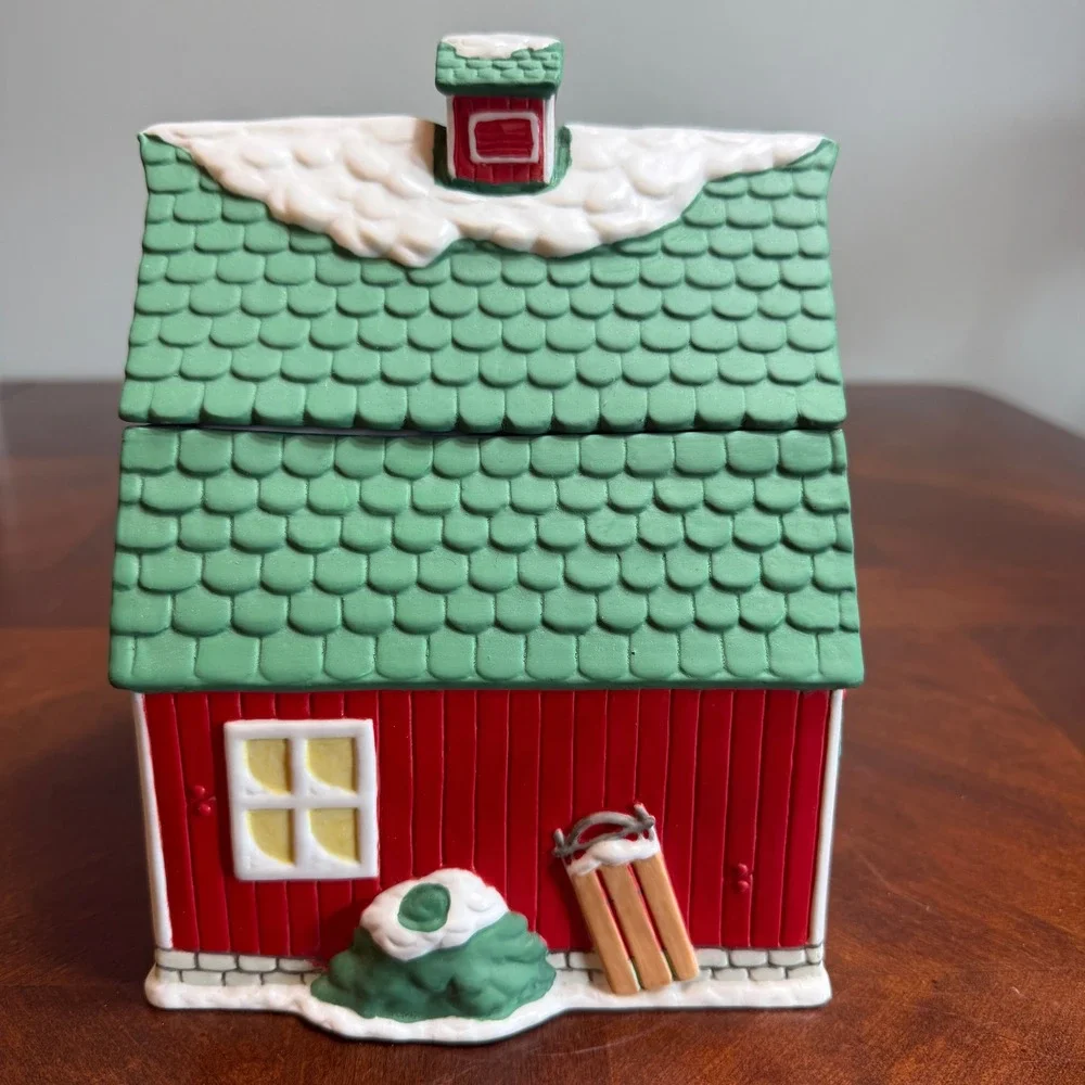 Rustic Ceramic Holiday Barn Lidded Jar Winter‎ Farmhouse Christmas Decor Nichols